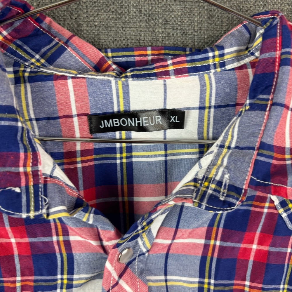 JMBONHEUR Shirt Mens XL Red Blue Plaid Long Sleeve Western Pearl Snap‎ Casual - Picture 2 of 6